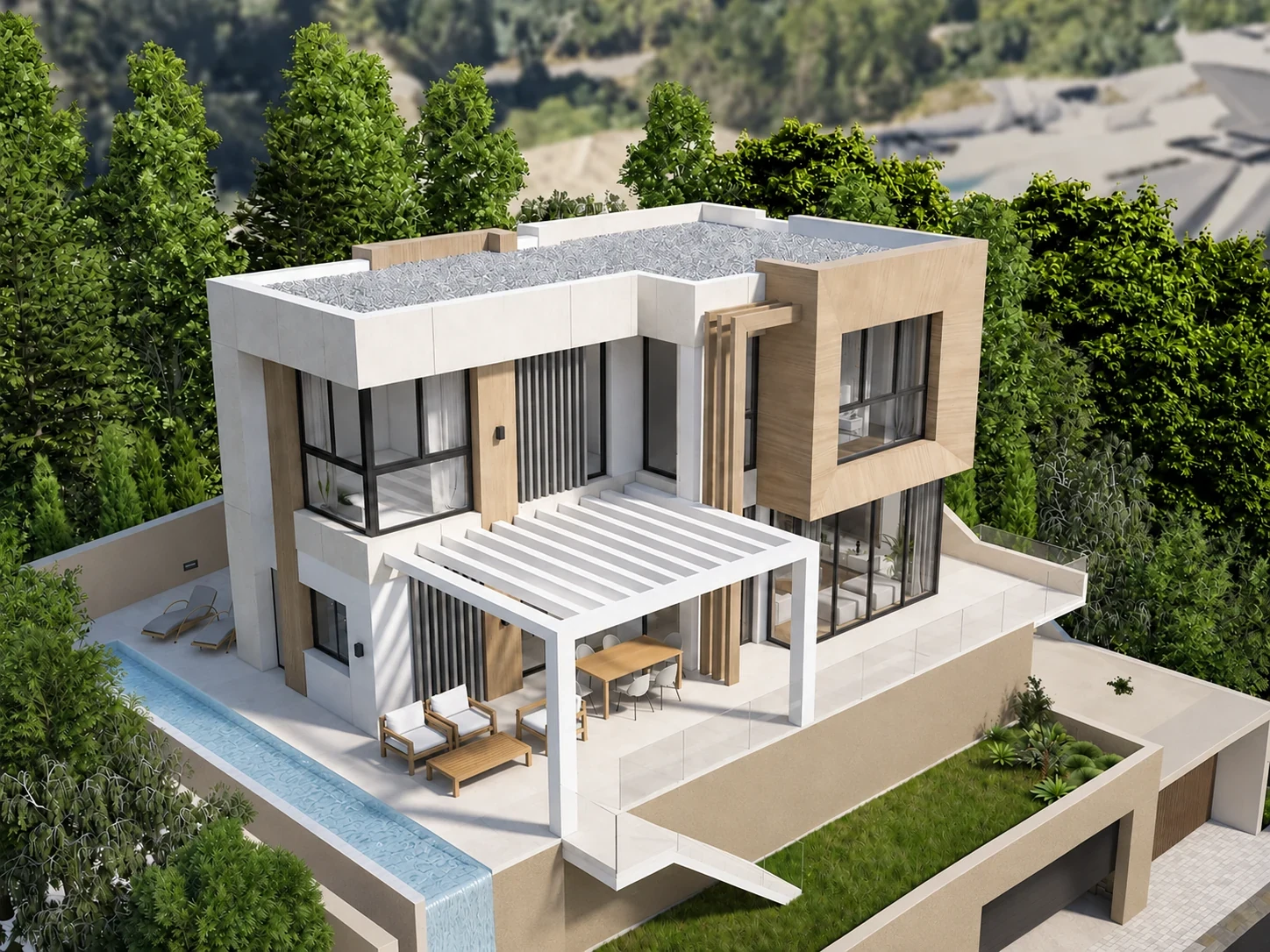 Vista de la piscina y la vivienda